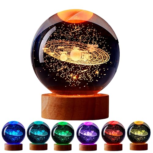 3D Solar System Crystal Ball Lamp with Remote Control, 3.15 inch Galaxy Crystal Night Light with Wooden Base 16 Colors Change, Glass Planet Figurine Lamp Gift for Girls Boys Wife Mom (Solar System) - color: Solar System
