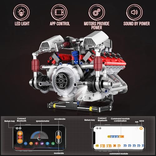HIGH GODO Ideas V8 Engine Building Kit that Works, Build Your Own MOC Mini V8 Engine Model Toy for Display, STEM Toys Gifts for Teens Adults 14+ (700 PCS) - style: V8 Engine-C