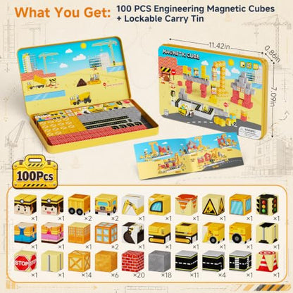 Magnetic Engineering Travel STEM：100PCS Blocks Kit for Boys Ages 3-8 - size: 100PCS