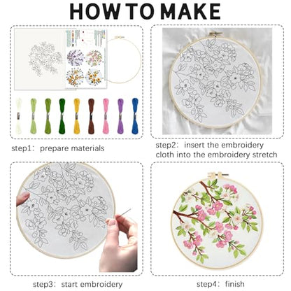 INFUNLY 4 Pack Seasons Flowers Embroidery Starter Kit for Beginners Branches Leaves DIY Embroidery Kits for Adults Stamped Needlepoint Set with Step-by-Step Instructions Threads Craft Lover Gift - style: Seasons