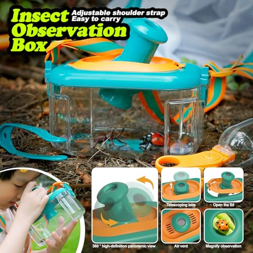 Camping Toys for Kids, Outdoor Observation Box Set, 10-Piece Nature Exploration Kit with Bug Container, Magnifier, Foldable Telescope, Bug Net, Safety Goggles, Ages 3-6 Birthday