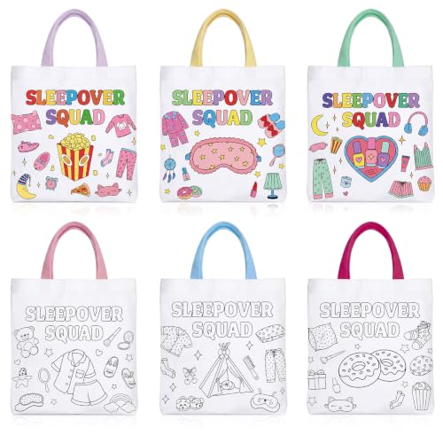 Paterr 6 Pcs Sleepover Party Tote Bags Color Your Own Canvas Bags