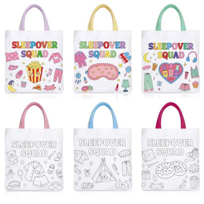 Paterr 6 Pcs Sleepover Party Tote Bags Color Your Own Canvas Bags