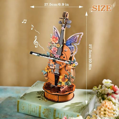 3D Wooden Puzzles for Adults, Holly Cello Music Box Model Kit - color: Flower Cello