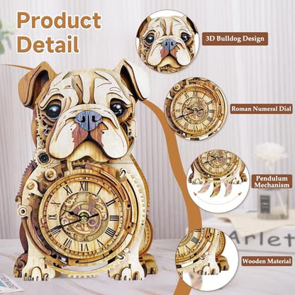 Kosmickiss 3D Puzzles for Adults, Wooden Bulldog Wall Clock Model Kits - color: Bulldog