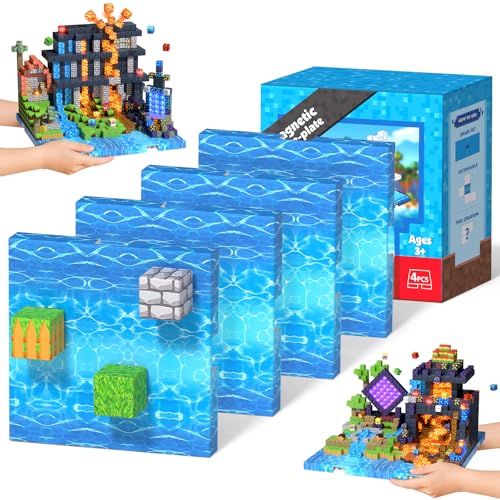 4PCS 4" x 4" Magnetic Building Block Base Plates for Kids, Strong Grip Magnetic blocks Base Compatible with Most Popular Magnetic Blocks & Cubes, STEM Educational Toys for Boys Girls Ages 3+ (Water） - color: 4pcs Water