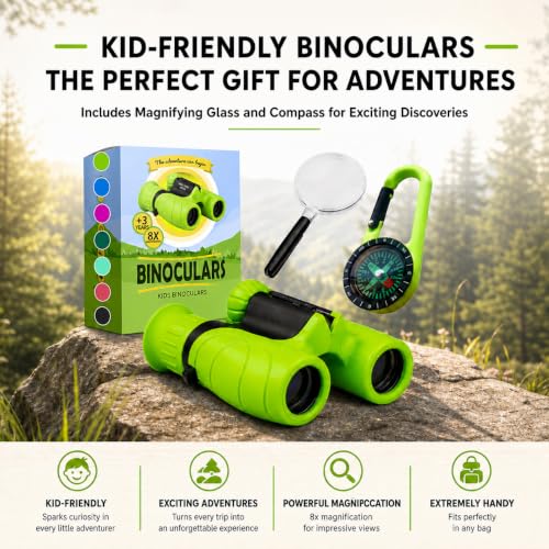 Binoculars for Kids – Perfect Toy for Little Boys and Girls – Extensive Set Incl. Magnifying Glass & Compass – Powerful Magnification 8X21 – 3 to 12 Year Old Kids for Toddler - color: Green