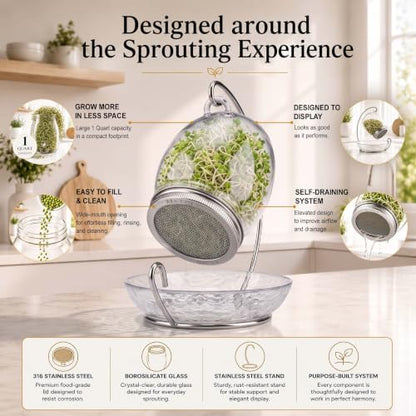 Premium Sprouting Jar Kit - Unique 30 oz Wide Mouth Sprouting Jar, Stand, Tray and 316 Stainless Screen Lid | Decorative Indoor Seed Sprouter and Germinator (1 Kit)