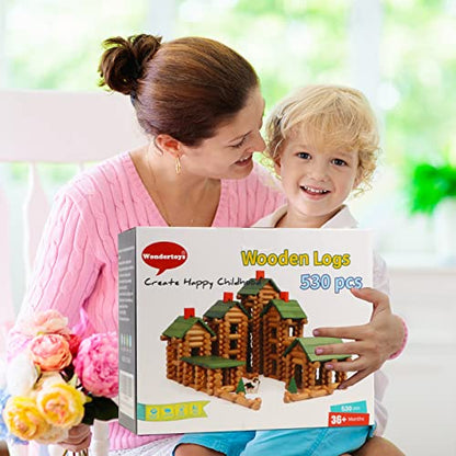 Wondertoys 530 Pcs Wooden Logs Set Ages 3+, Classic Building Log Toys for Kids, Creative Construction Engineering Educational Gifts - style: 530 PCS