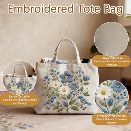 ARTopet Embroidery Tote Bag Kit for Beginners Flower Canvas Cross Stitch Handbag with Hoops Needles Threads Reusable Grocery Bag for Women-Bird - color: Bird