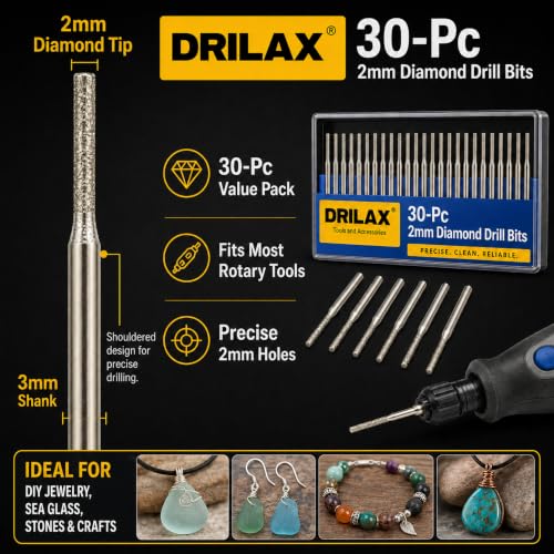 2mm Diamond Drill Bits for Ceramic 30 Pcs Set of Diamond Dremel Bits - size: 2mm
