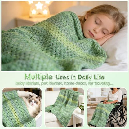 Aeelike Crochet Blanket Kit for Beginners, Easy Crochet Kit, Green Gradient - color: Moss Green Gradient