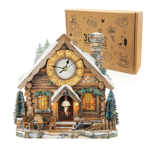 3D Wooden Puzzles for Adults-Wooden House Puzzle Clock-Adult Craft - color: Wooden House Clock