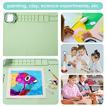 AWOKE Silicone Painting Mat for Table Protection - 20"X16" Washable Art Mat with 1 Water Cup for Kids - Craft Mat has 12 Color Dividers - 2 Paint Palettes (Green), Toddler Activities, Girl Boy Gifts - color: Green