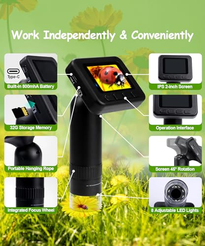 Handheld Microscope for Kids - 1000X Portable Microscope for Kids, Photo and Video Microscopes 2in Screen, Science Kit Gift for Kid Adults Boys Girls, Digital Coin Magnifier, 32GB, 5Pcs Sample Slides