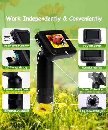 Handheld Microscope for Kids - 1000X Portable Microscope for Kids, Photo and Video Microscopes 2in Screen, Science Kit Gift for Kid Adults Boys Girls, Digital Coin Magnifier, 32GB, 5Pcs Sample Slides