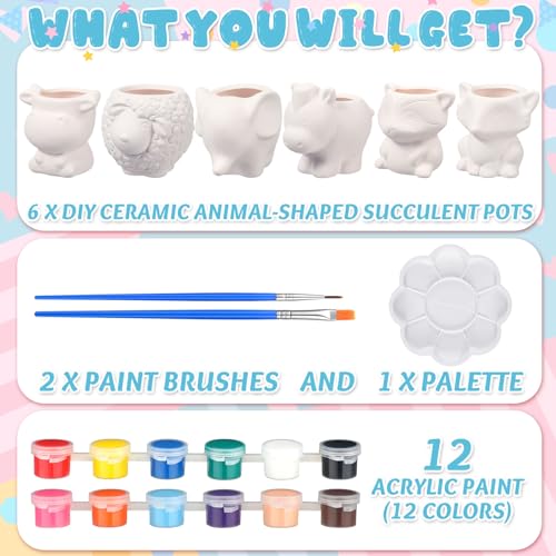 Beeveer 6 Sets Paint Your Own Animal Shaped Succulent Planter Spring Mini Unpainted Flower Pots Cartoon DIY Paintable Kit for Kids Classroom Craft Project Activity Birthday Gift - style: Cute Animal