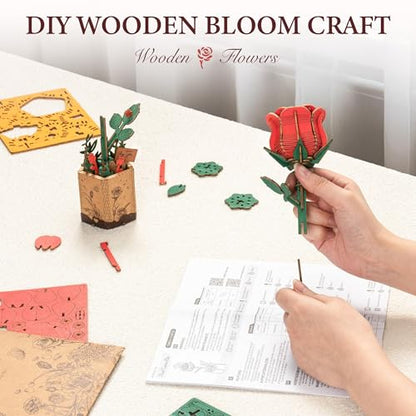 ROBOTIME Red Rose 3D Wooden Flower Puzzle, DIY Craft Kit for Adults, Everlasting Artificial Floral Bouquet, Creative Gift - color: Red Rose