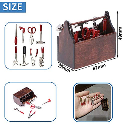 Doll House Toolbox,Eecoo Miniature Tool Box Wooden Toolbox Model for 1/12 Doll House Accessories with 8PCS Metal Tools Set