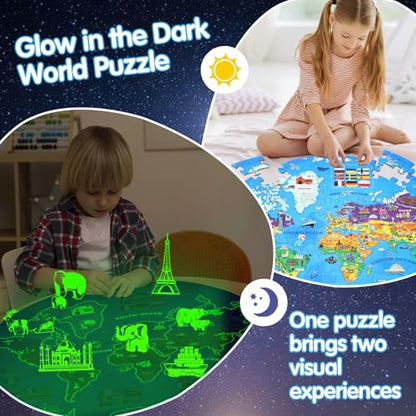 DIGOBAY 70 Pieces Glow in The Dark World Map Floor Puzzles for Kids 4-6 - style: glow-in-the-dark world map