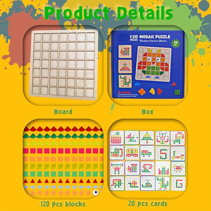 Wooden Pattern Blocks Set 120 Pcs Geometric Shapes Puzzle Classic Montessori Educational Tangram Toys with 24 Design Cards for 4-8 Year Old Kids