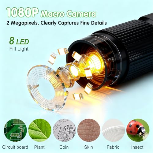 Microscope for Kids with 32GB Card, Adjustable 2.4inch IPS LCD Screen 5 Slides 1000X 1080P Digital Handheld Kids Microscope, Mini Portable Pocket Miniscope Science Toys Gifts for Boys Girls Aged 3-12 - color: Black