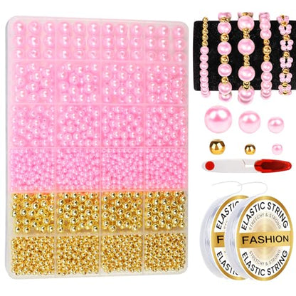 Pink Pearl Bracelet Making Kit Gold Beads for Bracelets for Adult - color: 10-Pink & Gold