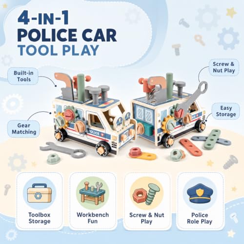Kids Tool Set, 44 PCS Wooden Toddler Tool Box Workbench Kit with Hammer, Police Car Montessori STEM Educational Construction Building Pretend Play Toy, Birthday Gift for Ages 3-6 Year Old Boys Girls