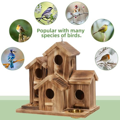 MIXXIDEA Bird House 5 Hole Bird Houses for Outside with Thickened Wooden Board，Birdhouse for Blue Bird Humming Bird and Chickadee Swallow. Hanging Edible Wild Bird Nest Garden Decorative