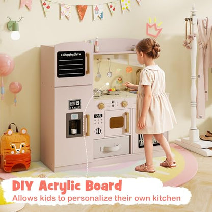 Costzon Kids Kitchen Playset, Wooden Pretend Play Kitchen w/Real Lights & Sounds, Chalkboard, Microwave, Ice Maker, Dishwasher, Sink, Cookware Accessories, Play Kitchen for Kids Ages 3+ (Pink) - color: Wooden Pink