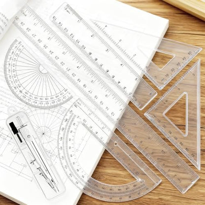 7Pcs Geometry Set-Clear Plastic Rulers,Triangle Ruler,Protractor,Compass