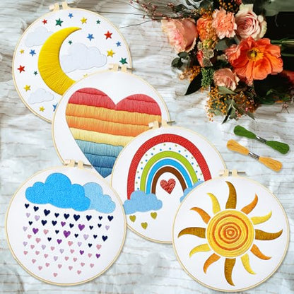 INFUNLY 5 Sets Rainbow Sun Embroidery Kits for Beginners DIY Cross Stitch Starter Sets with Instructions Heart Moon Pattern Needlepoint Kits with Embroidery Cloth Colored Threads Hoops Tools - style: Weather themes