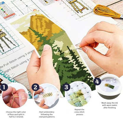 ACRNIGHEET 6PCS Cross Stitch Bookmark Kit for Beginner Pine Stamped Cross Stitch Kits Needlepoint Kit for Adults DIY Tassel Embroidery Bookmark Kits with Instructions Craft Gift 8.5"x3" 11CT - style: Pine Tree Patterns