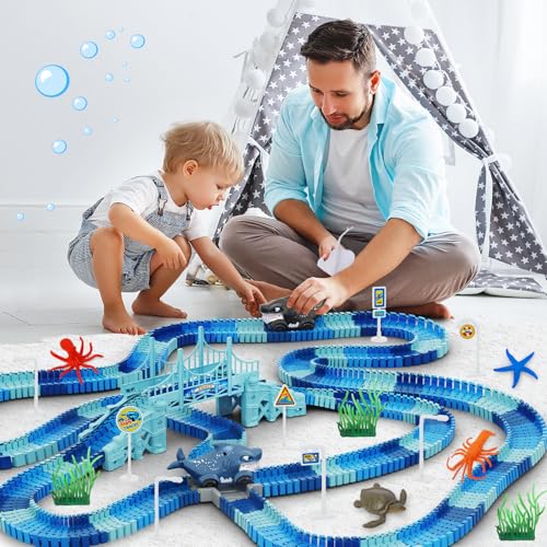 Track Race Car Toys for Kids, Create A Ocean World Race Road Race Tracks - color: Blue-shark