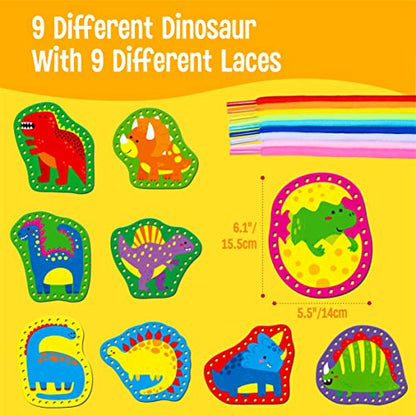 SpriteGru 9 Pieces Kids Lacing Cards, Double Sided Sewing Cards in 9 Dinosaurs with 9 Colorful Laces, Imagination Development Lacing Toys Games for Children Educational and Learning Activity - color: Dinosaurs