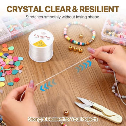 3 Rolls Elastic String Kit (328 Yds) with Spring Cord Clamps - 0.5/0.8/1.0mm Stretchy Cord for Clay & Seed Beads, Jewelry Repair, Necklaces & DIY Friendship Bracelets - 8 Pcs Set w/Needles & Scissors