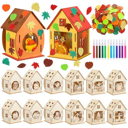 Cinnvoice 12 Sets Thanksgiving Wooden House Fall Craft Kit, Turkey Pumpkin