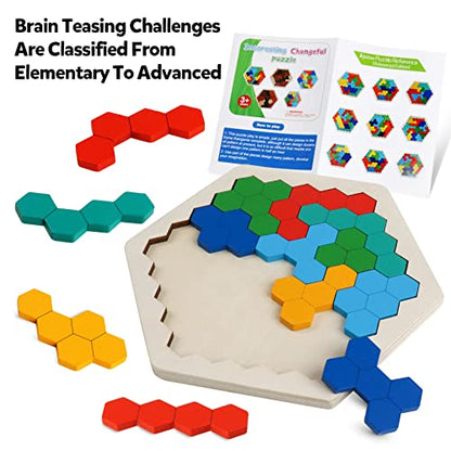 Wooden Hexagon Blocks Puzzle, STEM Montessori Brain Teaser for Kids Adults - style: Puzzle 1- Colorful Rainbow