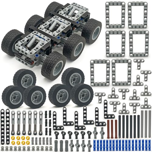 Technical Parts 6 Wheels Trailer Car Suspension Accessories with Tires 18.9x1.8 Inch MOC Parts Building Blocks DIY Replacement Spare Tech Kit Compatible with Major Brands