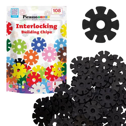 PicassoTiles Building Chip Interlocking Disc Construction Blocks in Black Color STEM Learning Early Education Toy Engineering Playset Child Brain Development for Toddlers Girls Boys Kids Age 3+ PTF108 - color: Blk