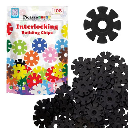 PicassoTiles Building Chip Interlocking Disc Construction Blocks in Black Color STEM Learning Early Education Toy Engineering Playset Child Brain Development for Toddlers Girls Boys Kids Age 3+ PTF108 - color: Blk
