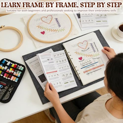 Bekecidi Embroidery Learning Book Kit for Beginners | 106 Stitch Patterns, 6-Inch Embroidery Hoop, 16.8x10.7 Inches Open Book Size, Hardcover Guide & Complete Sewing Tools Set