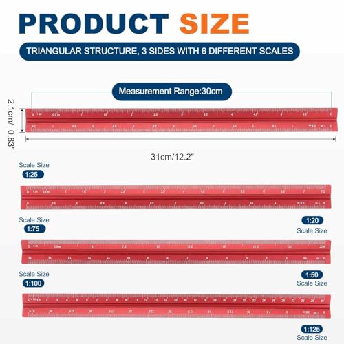 HARFINGTON Architectural Scale Ruler 12" Metric Aluminum Alloy Red - color: Red, size: 12 Inch