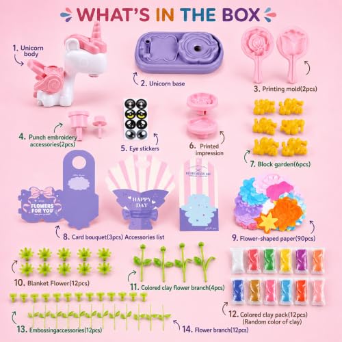 TUZT Fabric Flower Bouquets Toys, Flower Making Kit for Kids with Unicorn Machine & Clay, Reusable DIY Bouquets Maker Craft for Toddler Kids 3 4 5 6 7 8 Year Old
