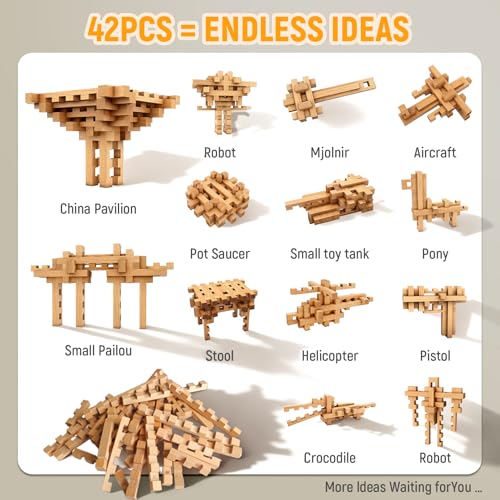 15 in 1 STEM Wooden Building Blocks -15+ Shapes, 3D Puzzle, Logic Brain Games, Educational Toys Gift for Kids and Classroom, Montessori STEM Toys for Ages 5+ to Adults - style: 15 in 1