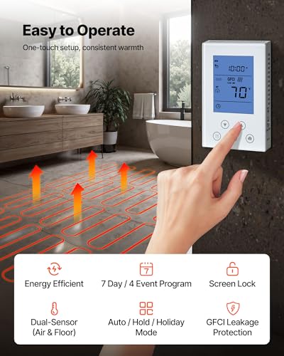 VEVOR Self-Adhesive Mesh Floor Heating Mat, 90 sqft 120V, Smart Thermostat & Alarm, Easy Install for Tile, Stone & Vinyl Flooring - size: 90 Sq.ft