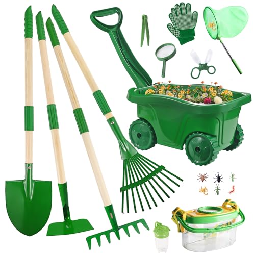 Kids Gardening Tools and Bug Catcher Kit with Wheelbarrow Sets, Ages 2 3+ - color: Green-18pcs