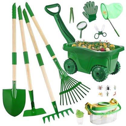 Kids Gardening Tools and Bug Catcher Kit with Wheelbarrow Sets, Ages 2 3+ - color: Green-18pcs