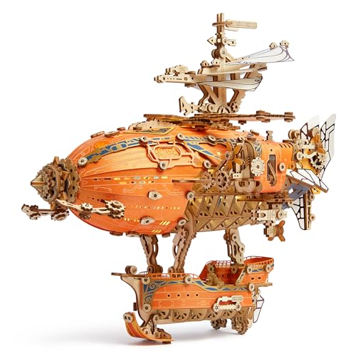 FUNPOLA LED 3D Wood Puzzle Fantasy Airship Model - Steampunk DIY Craft Kit with LED Lights – Intricate Wooden Airship Model Building Set for Adults(Orange) - color: Orange