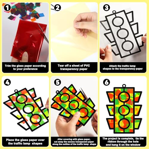QOUBAI 32 Sets Traffic Light Suncatchers Craft Kit DIY Window Stained Glass Effect Traffic Lamp Paper Crafts Home School Classroom Decoration Kid Birthday Gift Creative Art Project Activity Game - style: Traffic Light